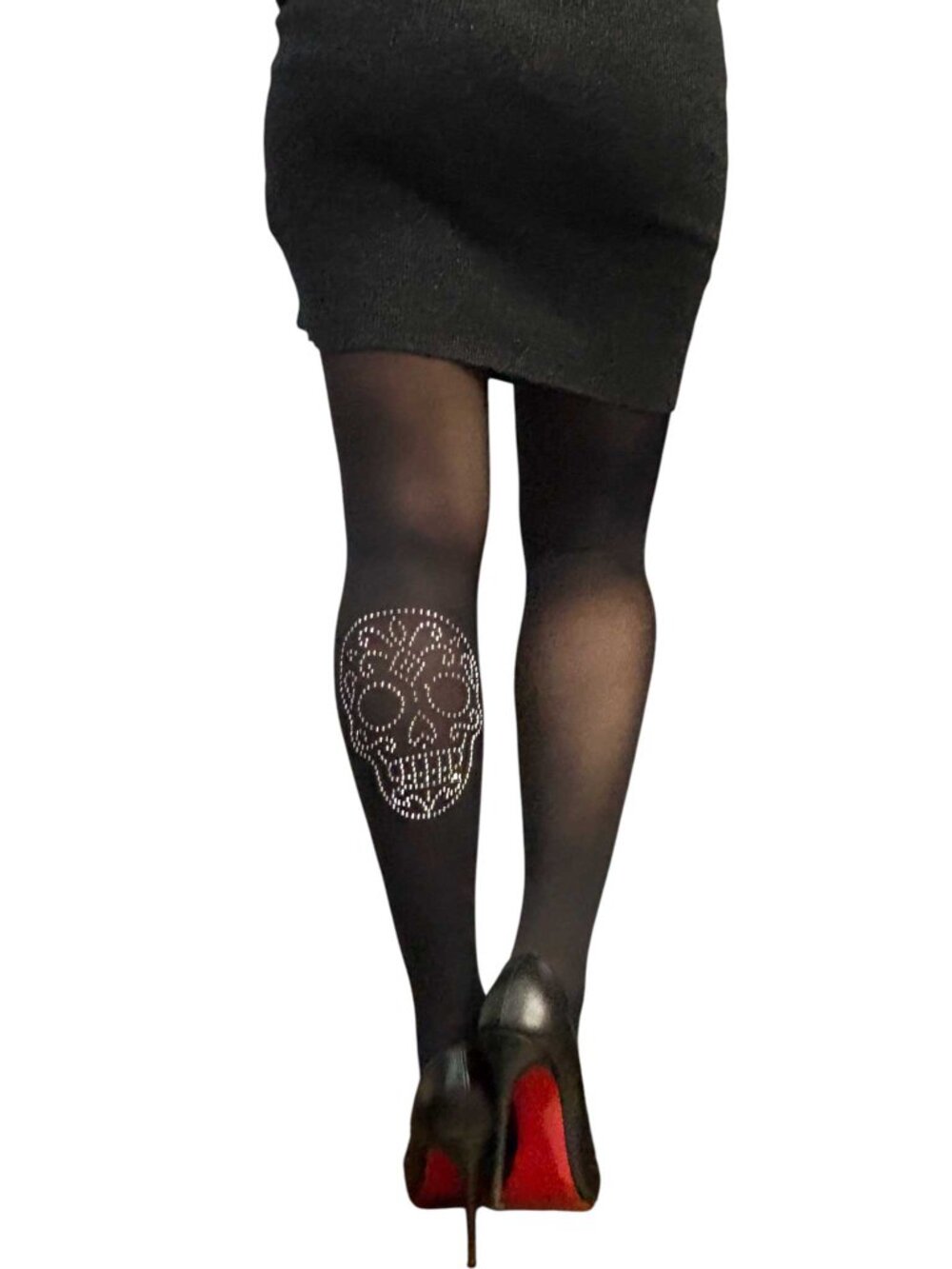 Silver Sugar Skull Rhinestone Black Tights